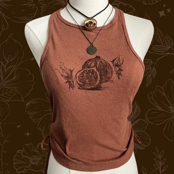 Hand-Printed Handmade Upcycled Chocolate Brown Graphic Fig Halter Tank Top - Picture 7 of 7